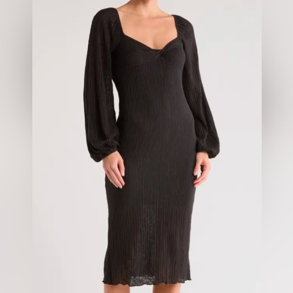 Lush Black Twist Front Plissé Pleated Long Sleeve Midi Dress Size Small - Picture 1 of 9